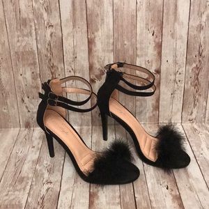 Beautiful black suede strappy heels w/feather trim